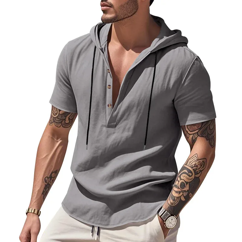 Hoodies men's sweatshirt 2026 summer linen hooded beach casual drawstring short-sleeved T-shirt sweatshirt man's clothing