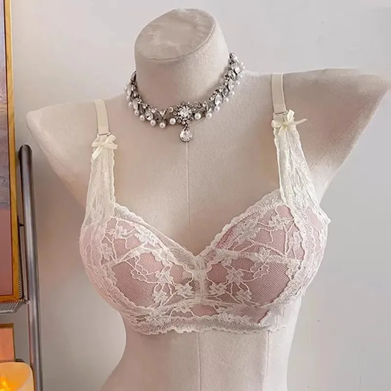 Female Halter Style Bow Lace Bra Padded Push‑Up No Underwire Soft Inner Wear Lingerie for Small Bust Daily Wearセクシーな