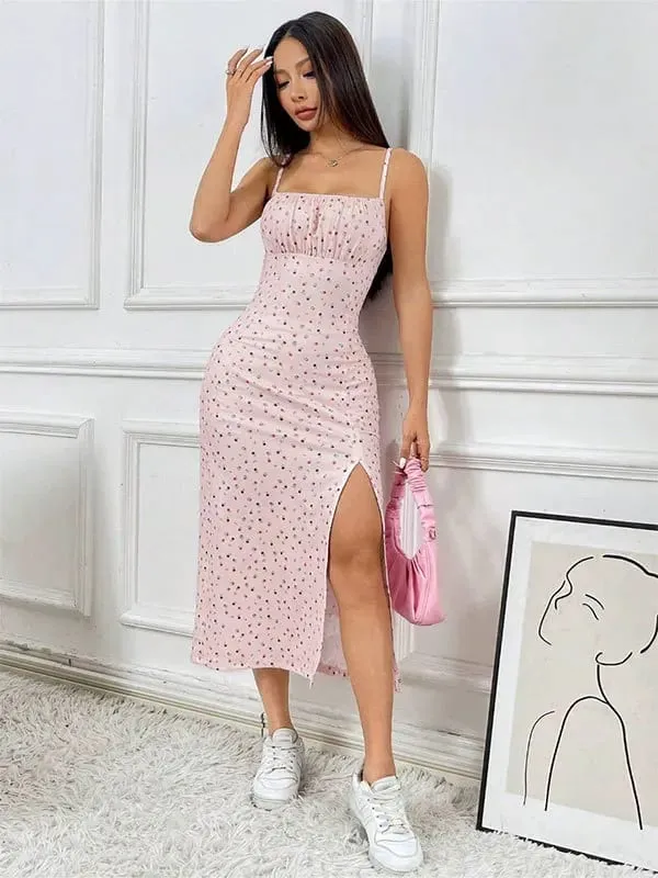 Women's Casual Dresses Daisy Floral Print Spaghetti Strap Midi Dress Square Neck Bodycon Split Summer Dress Beach Party Sundress