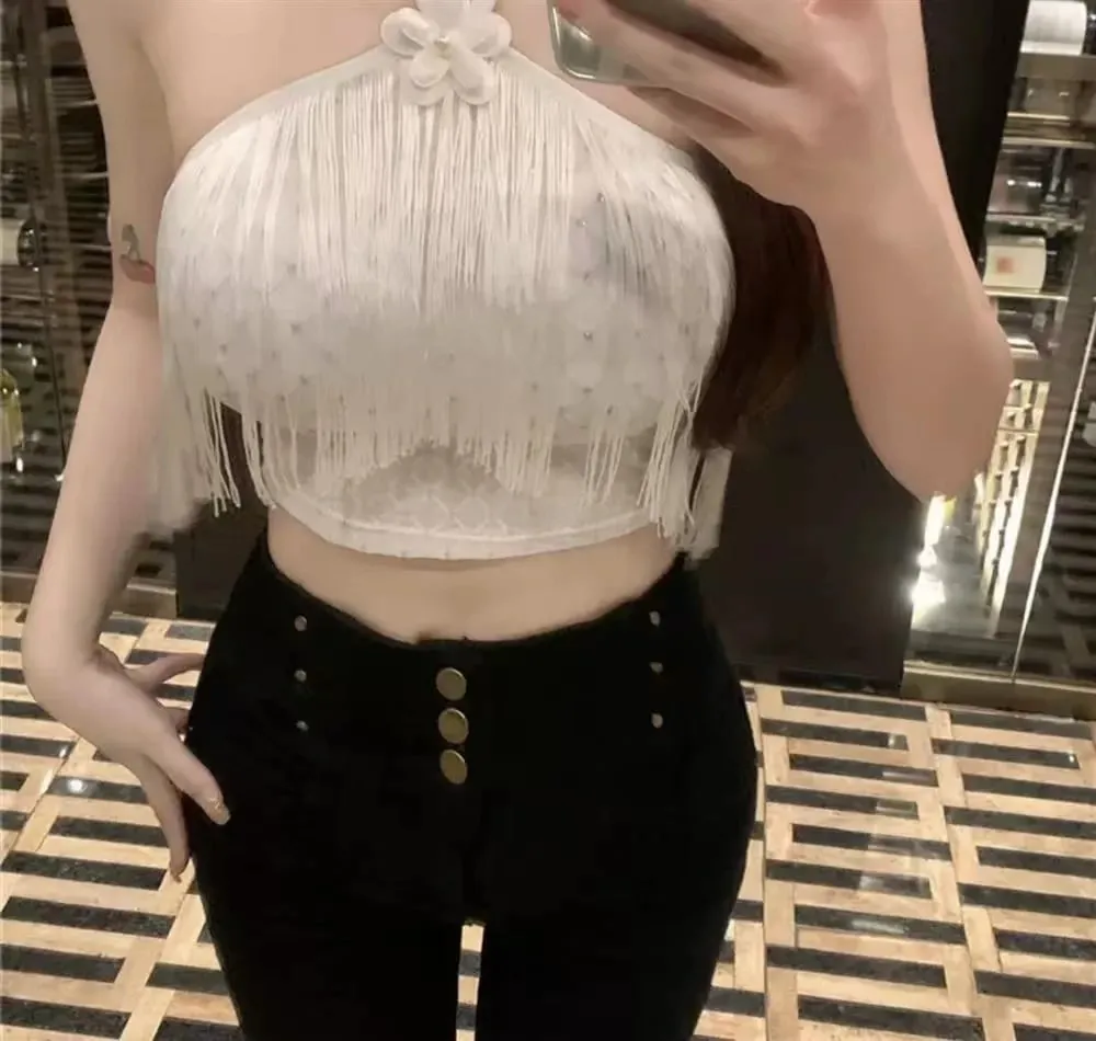 Decorative Halter Top with Padded Cups Long Tassel Pearl Sparkling Diamond Retro Millennial Style Sexy Halter