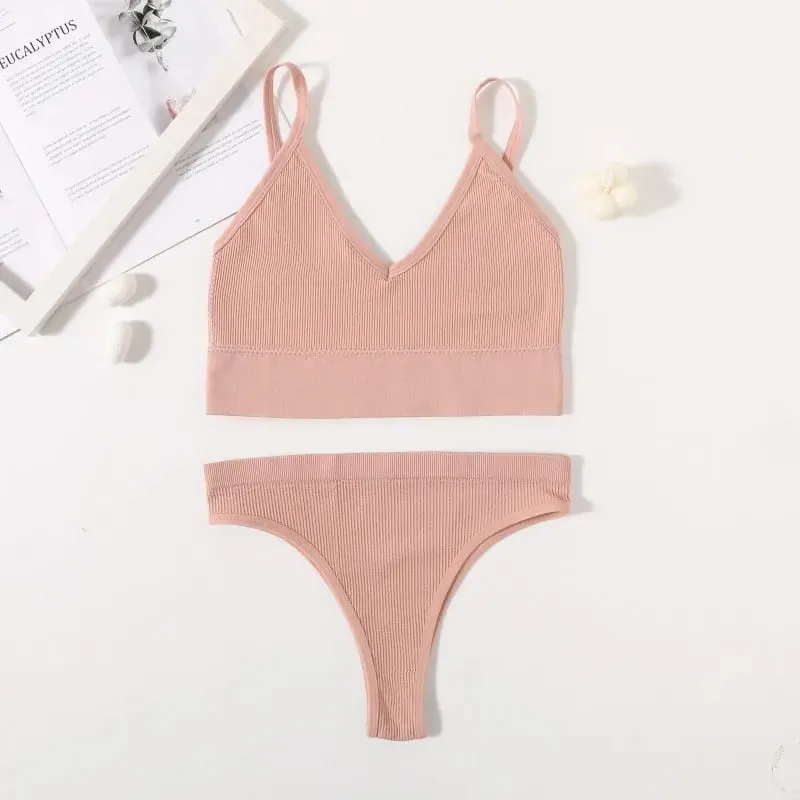 Women Seamless Bra And Panties Set Low Waist High Leg Cut Thongs Non-Wire Bra Top Sexy Lingerie Ladies U-Back Underwear Set