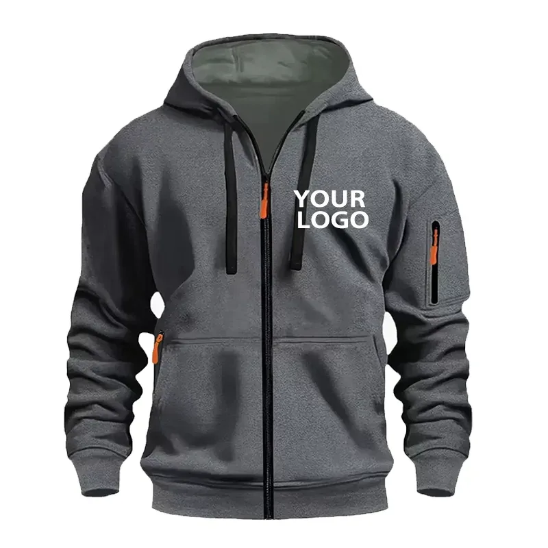 DIY Custom Logo Men's Casual Sports Hoodie Full-Zip Pocket Sweatshirt Fashion Arm Pocket Outdoor Long-Sleeve Pullover Hoodie
