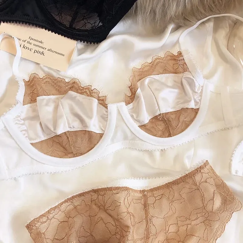2 Keping Set Bra Renda Ultra Nipis Seksi Wanita Warna Splicing Pakaian Dalam Sutera Perancis Bernafas dan Seluar Dalam Pakaian Dalam Intim