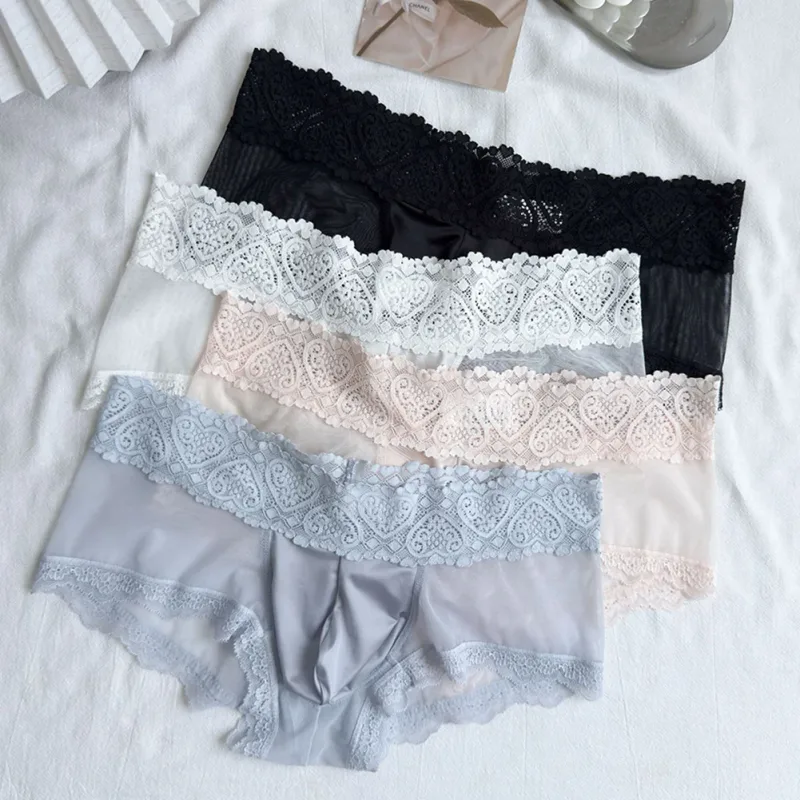 Heren Ijs Zijde Kanten Rand Dunne Naadloze Slips Glanzend 3D Zakje Lichtgewicht Ondergoed Slipje Comfortabele Dagelijkse Lingerie