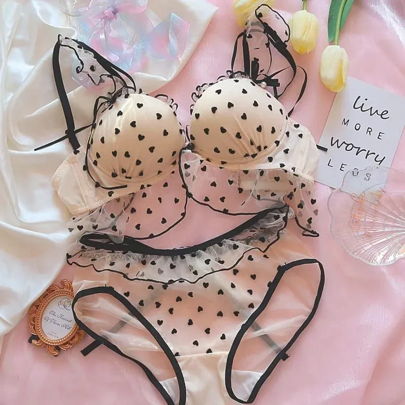 Cute Heart Lingerie Set for Girls Bralette & Panty Set Wire-Free Soft Bra Small Breasts Comfort