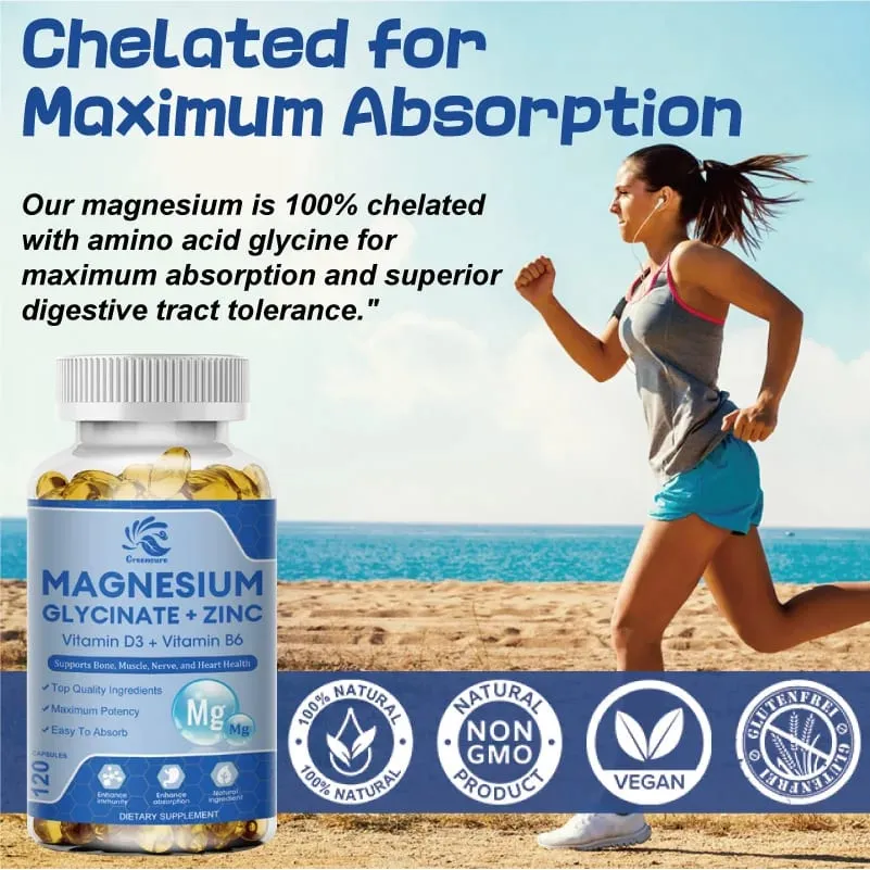 Glycinate de magnésium et supplément minéral de zinc 500 mg pour soutenir les articulations musculaires et la santé, absorption maximale