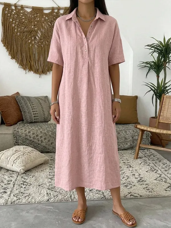 2026 Women's Spring and Summer New Casual Straight-Cut Comfortable Polo-Neck Linen Short-Sleeve Dress
