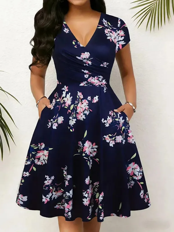 Elegant Floral Printed V-Neck Mid-Length Pocket Dress Polyester Blends for Spring Summer Autumn Three Season Women's Dress