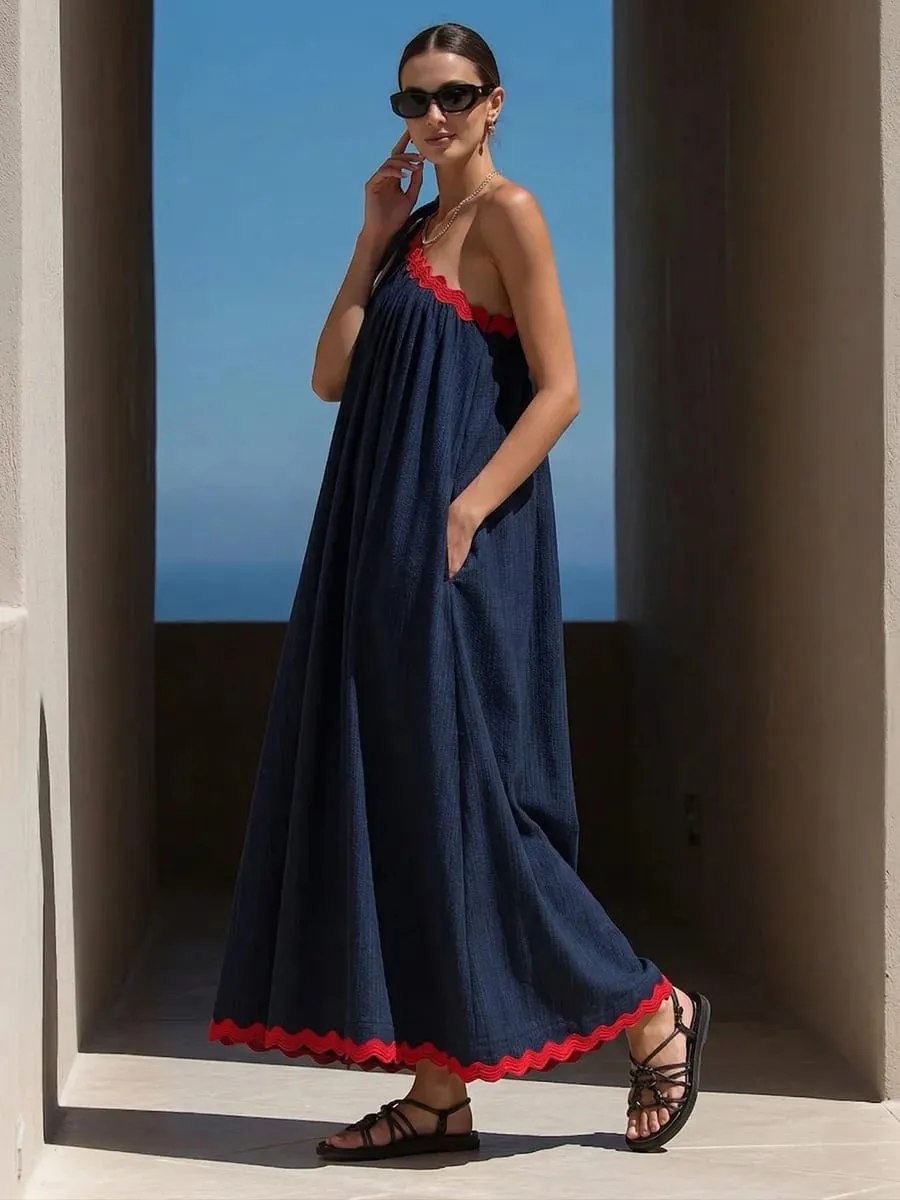 Freeacy-Vestido largo de un hombro con ribete festoneado en contraste rojo marino para mujer, vestidos plisados ​​sueltos informales de verano para vacaciones