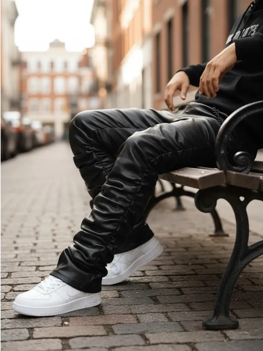 【HME】Men's Jeans | Black Wax Coated Denim Pants Faux‑Leather Look Stacked Ruched Denim Jeans For Men Full‑Length Wrinkle Pleat Design Tough Coated Denim Fabric Street‑Fashion Stacked Fit Male Trousers