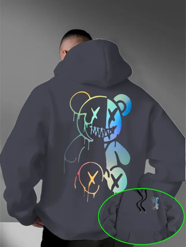Loose Oversized Men Hoodies Holographic Split Evil Bear Front Back Dual Print Pullover Sweatshirt Dark Street Daily Hooded Tops