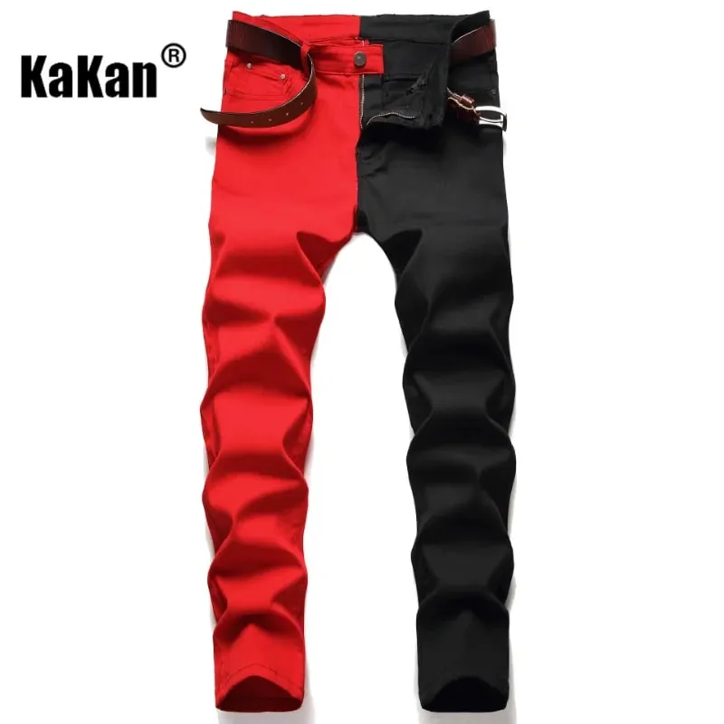 Kakan Slim Slim Fit Pie pequeño empalmado Bi-color Jeans europeos y americanos nuevos pantalones vaqueros de pierna recta K021-1266 para hombres