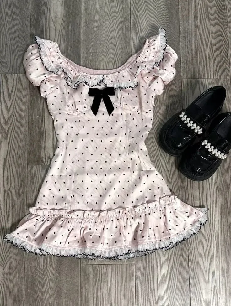 Maiden Soft Sweet Lovely Woman Bow Tops Vintage Cute Tee Y2K Polka point Slim Casual Shirts Korean Fashion Short Sleeve Clothing