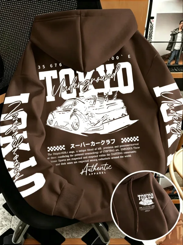 Autumn Winter New Men'S Tokyo Underground Racing Line Drawing Print Hooded Sweatshirt Japanese Street Trendy Top