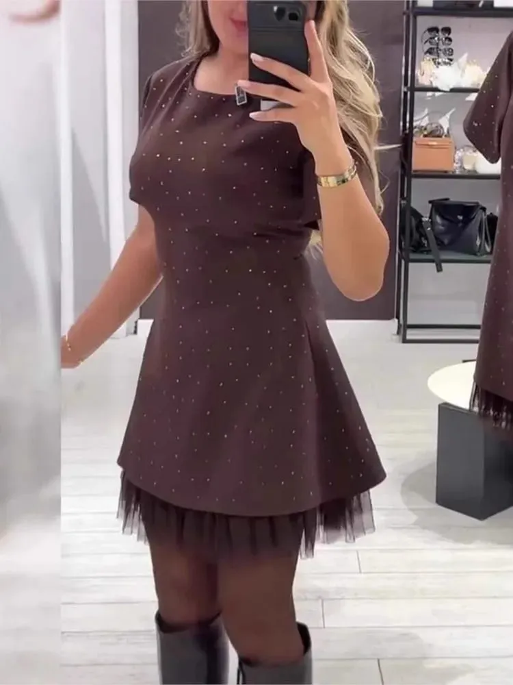 Elegant Casual Dress Spring Summer New Style Hot Rhinestone Hem Mesh Solid Fashion Dress For Women Short Sleeve Holiday Dress