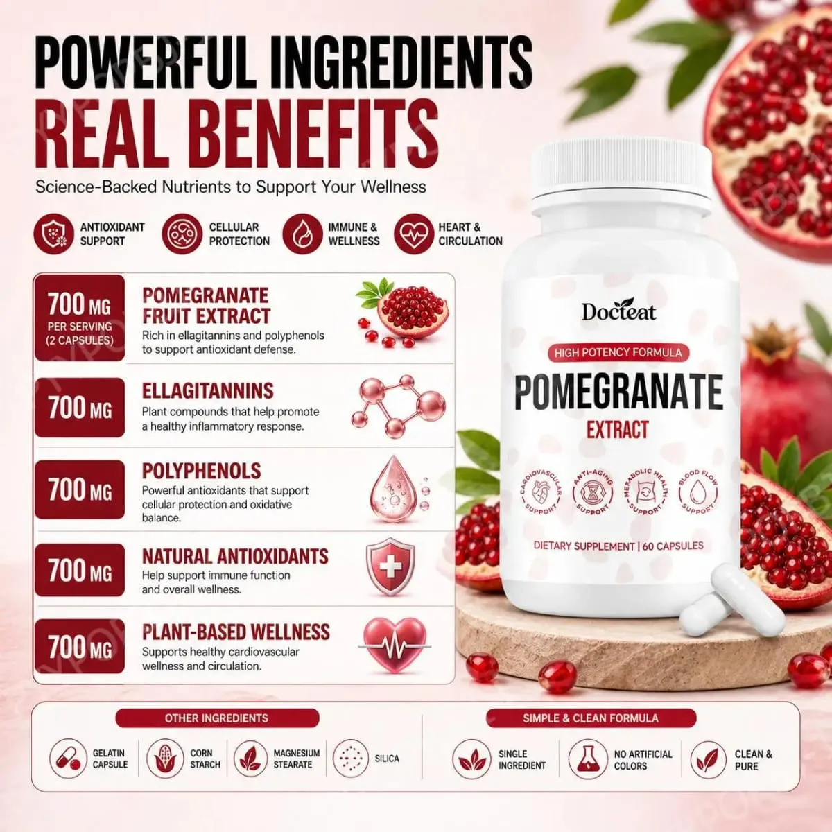 Docteat Pomegranate Fruit Extract Capsules Ellagitannin Antioxidant Defense Immune Support and Oxidative Balance 60 Capsules