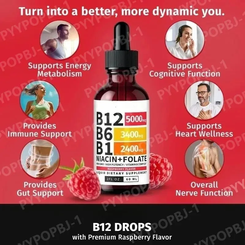 5-in-1 Vitamin B Complex Liquid Drops B12 B6 B1 Niacin Folate Support Normal Energy Metabolism Immune System Health