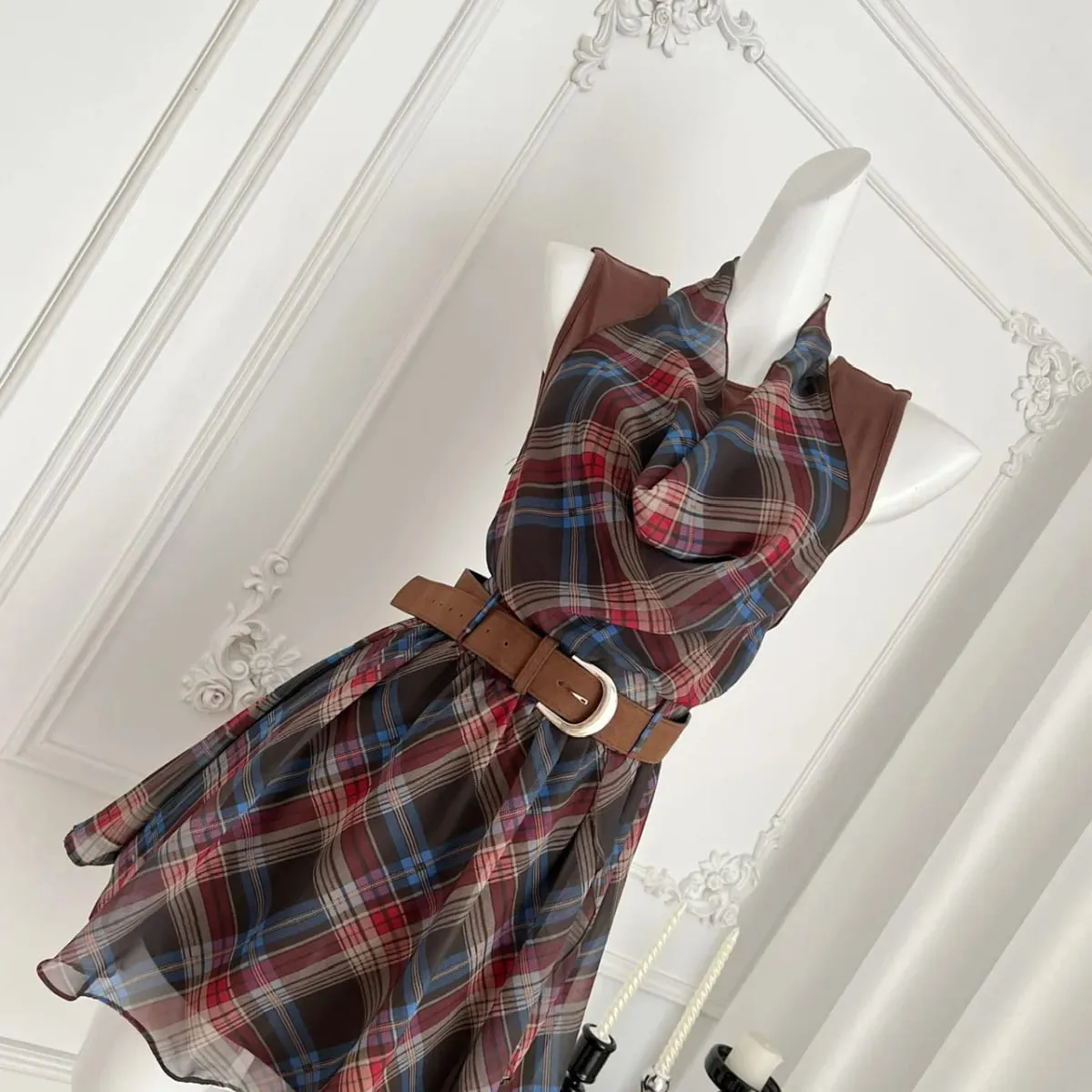 Elegant French Style Mini Dress Neck Hanging Unusual Plaid Women's Slimming Waist Dress Summer New Arrival Polka Dot Skirt
