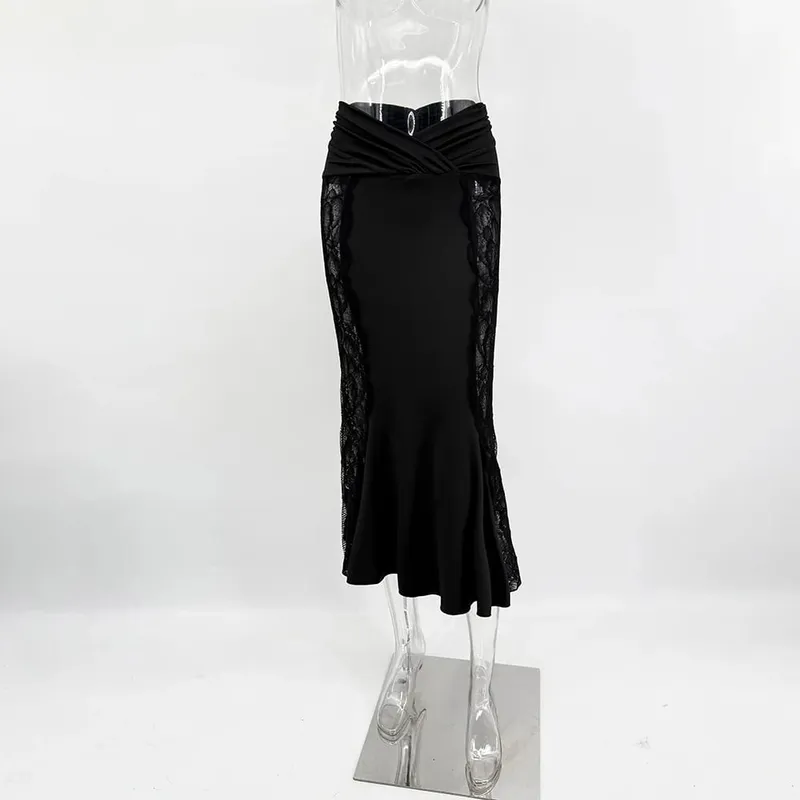 Ticketsx Sexy Lace Dress Set Women Fashion V-Neck See-Through Patchwork Pleated Slim Skirts Set Elegant Party Evening Dress Set