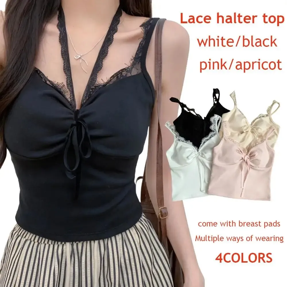 Womens Tops Sexy Tank Top Ladies Built In Bra Solid Color Camis Off Shoulder Sleeveless Camisole Sweet Lace Sling Top Tees