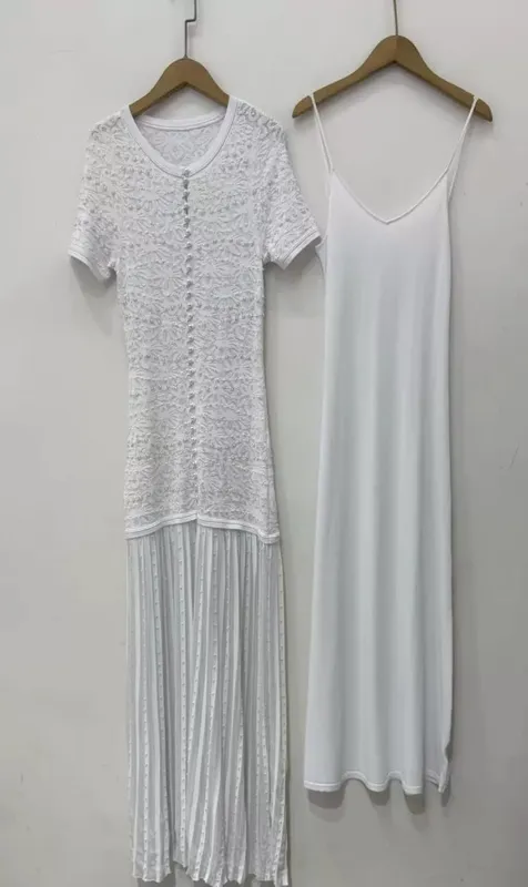 Pearl Decoration Ladies Single-Breasted Knit Midi Dress O-Neck Women's Short Sleeve Slim Fit Splices Long Robes