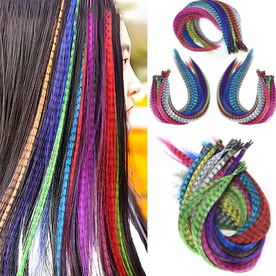 Synthetic Colored Feather Hair Extensions 16Inch Blue Purple For Women Zebra Line Feather Hairpiece For Women New Year Carnival