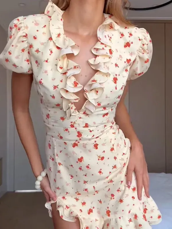 Sexy Floral Printed Mini Dress Women V-neck Flared Sleeve Waist Cinching Ruffle Bodycon Vestido 2026 Lady Party Vacation Gowns