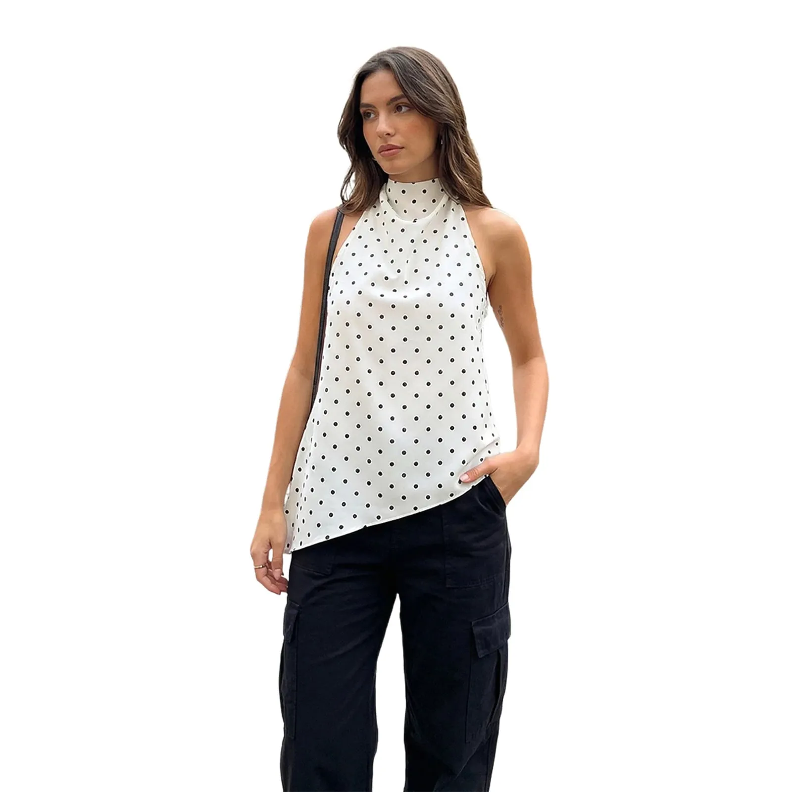 Women Summer Vintage Dot Print Asymmetric Hem Halter Neck Tanks Tops Sleeveless Backless Slim Fits Tunic T-Shirts Streetwear
