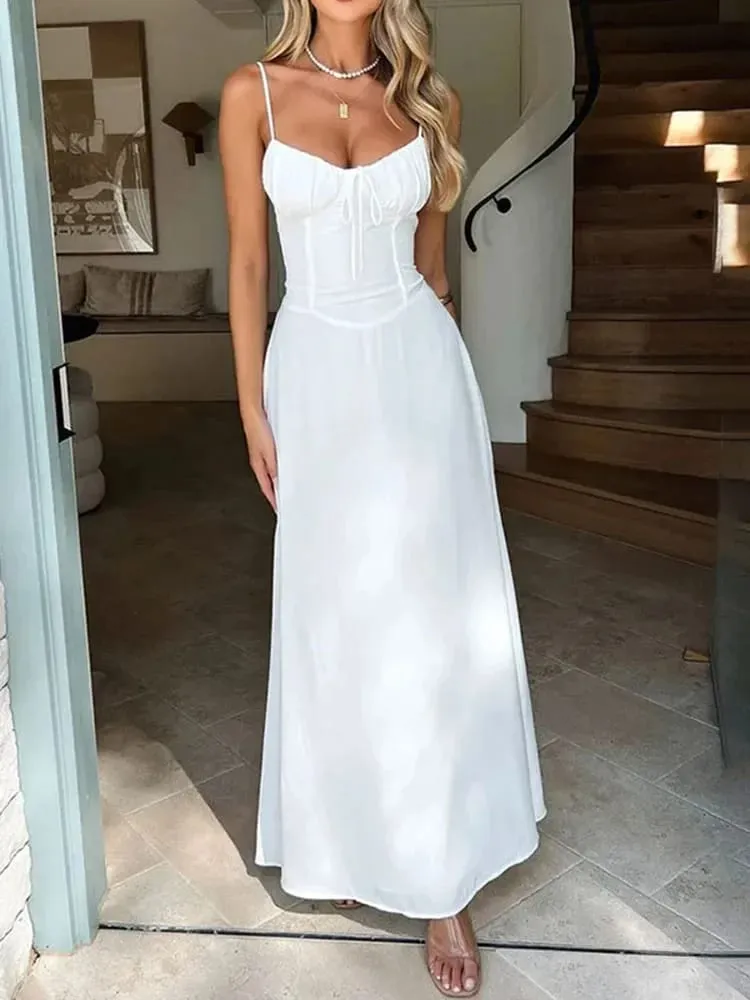 Elegant Strappy Rygløs Lang Kjole Dame Sommer Mode Rund Hals Smocked Ensfarvet Slank Aftenkjole Lang Kjole
