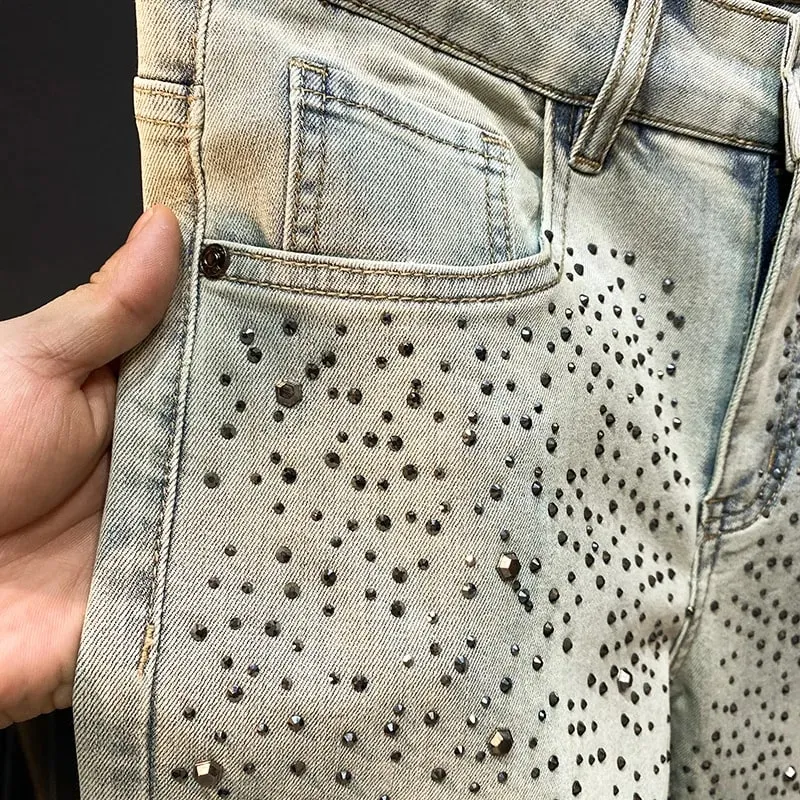 Men Jeans Fashion American High Street Black Distressed Rhinestones Sequined Patterns Stretch Skinny Ripped Button Jeans Pants