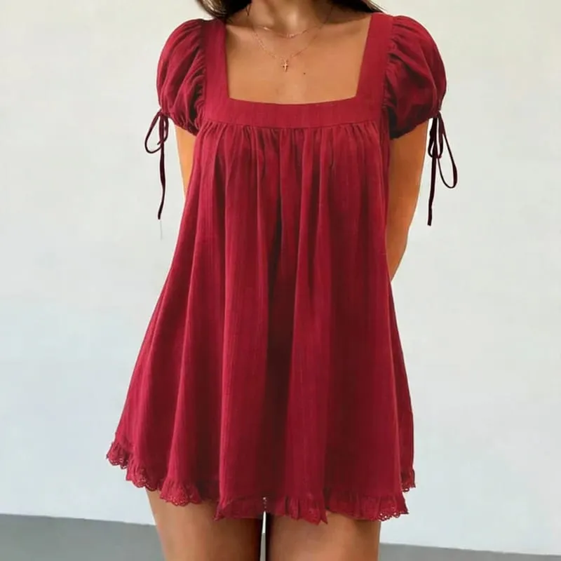 Bohemian Puff Sleeve Maternity Dress Women Square Neck A-line Mini Ruffled Dresses Fairy Vintage Loose Fit Flowy Short Dress — image 6