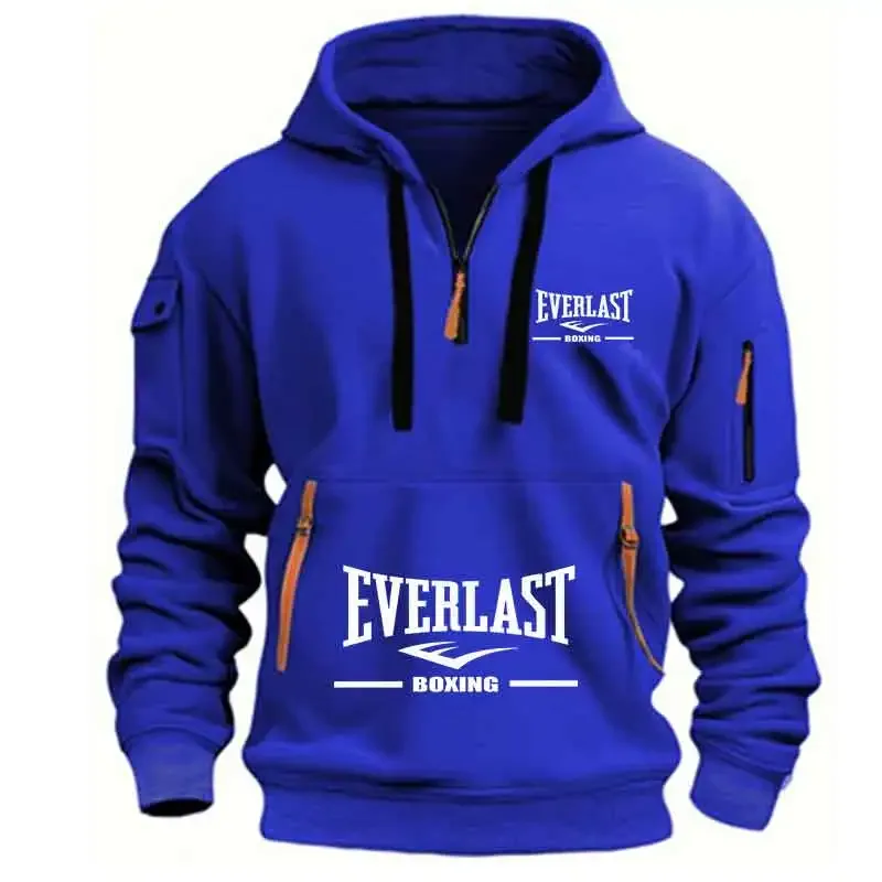 Men's Fashion Casual Hoodie Multi-pocket Sports Long-sleeve Sweatshirt Up Down Print Warm Half Zip Hooded Fitness Pullover Good