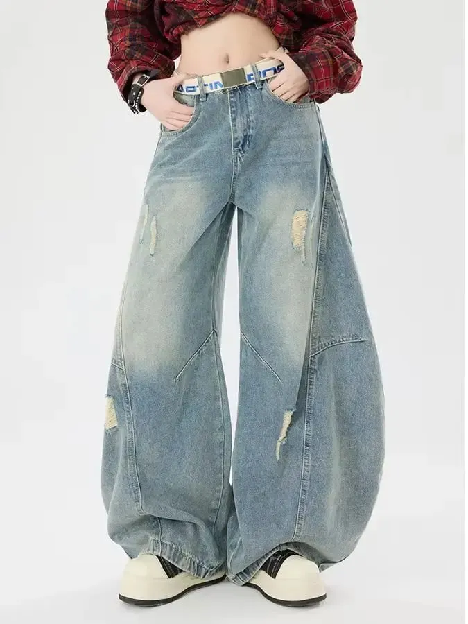 Retro-Style Curved-Leg Jeans Unisex Relaxed Fit Patchwork Soft Durable Women Men Versatile Washed Wide-Leg Pants