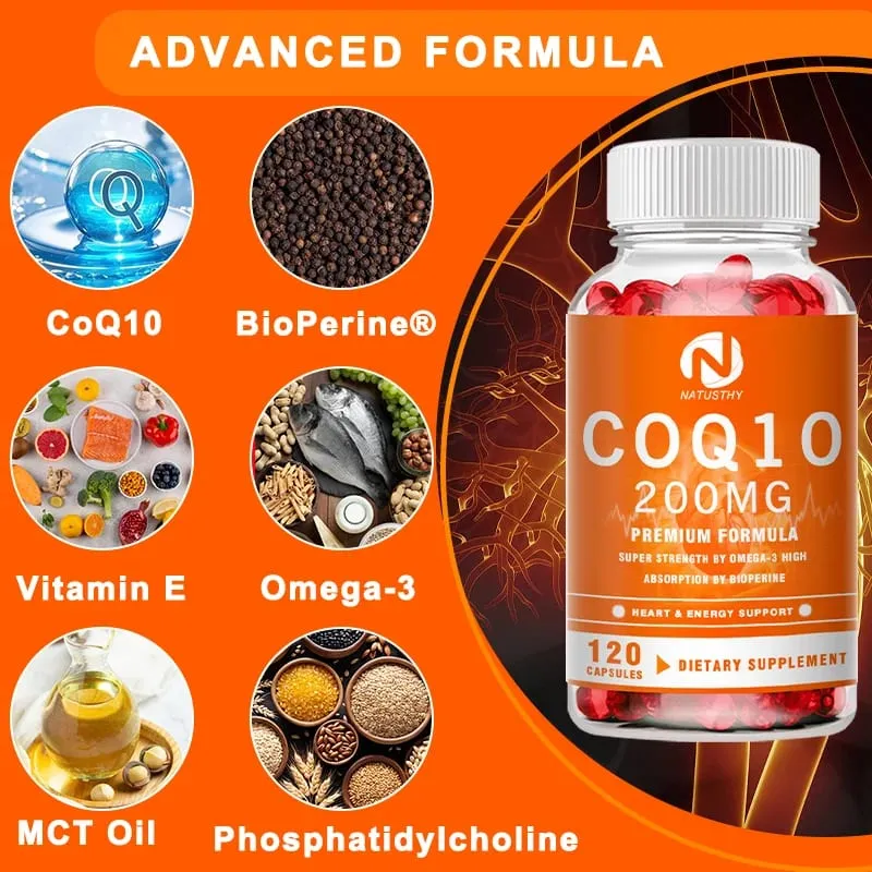 COQ10 Co-enzym Q10 200 mg voor energie Antioxidant Cardiovasculaire hersengezondheid Natuurlijk niet-GMO