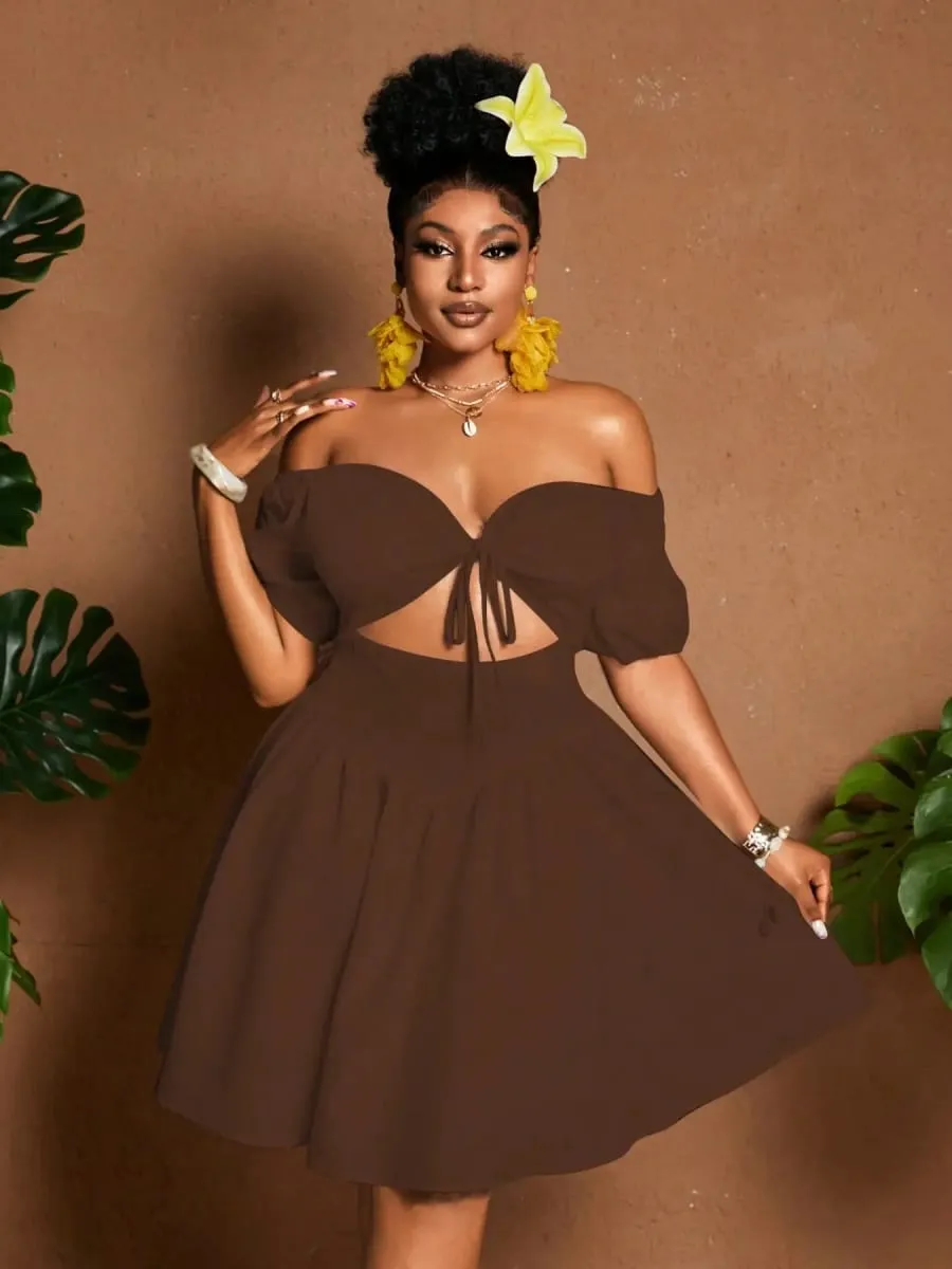 Plus Size Women One-Shoulder Waist-Tie Bubble Sleeve Dress Summer Vacation Style Casual Short Dress Plain Pattern