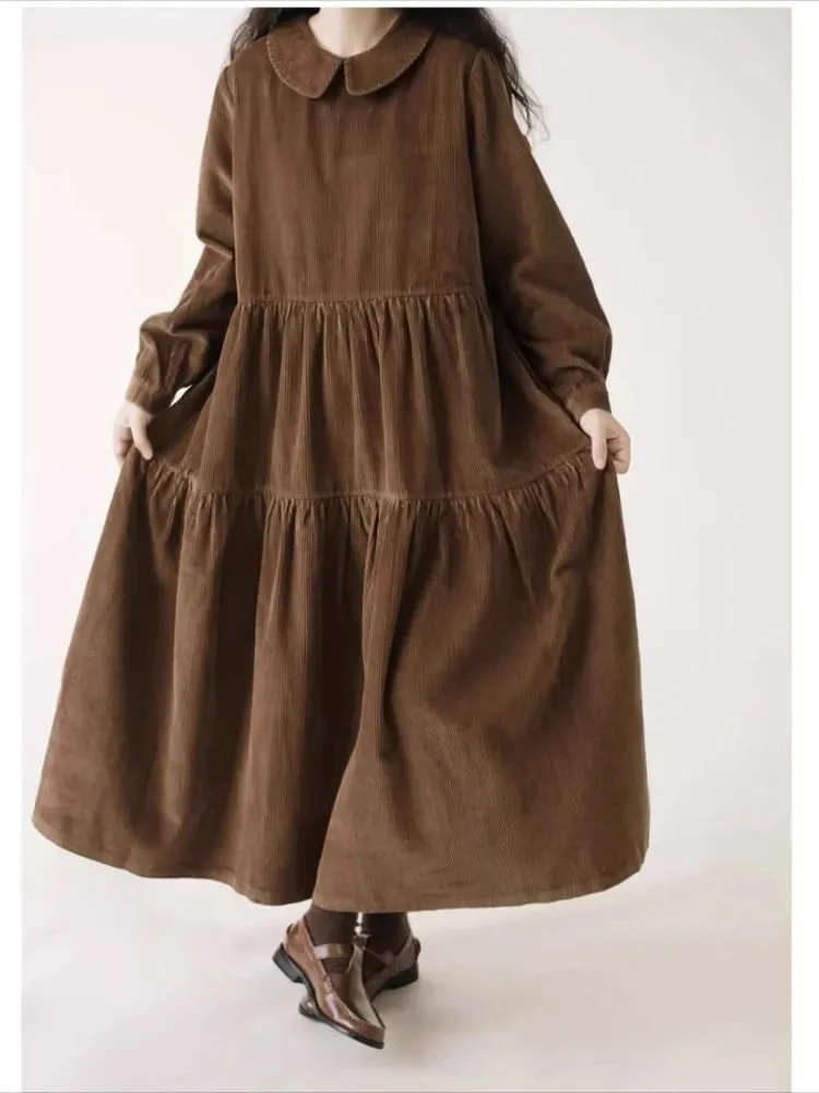 Autumn Winter Corduroy Dress Women Casual Dresses Fashion Female Vestidos Long Sleeve Vintage A-line Dress Women's Dresses — image 3