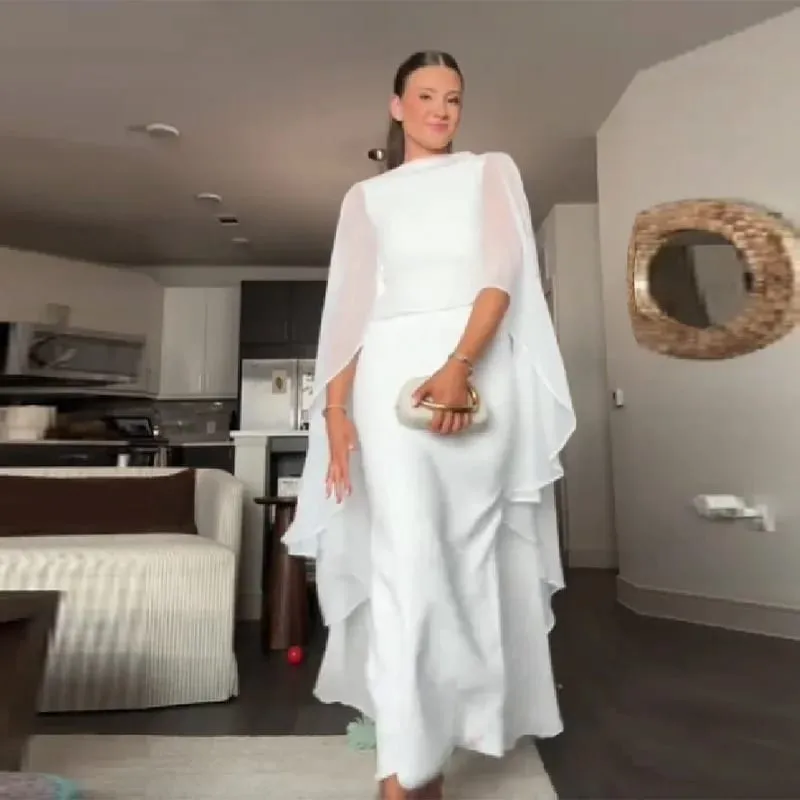 Stylish White Shawl Slim Fit Maxi Dress Women Elegant Cape Sleeve Round Neck Bodycon Vestido 2026 Lady Summer Chic Party Robes
