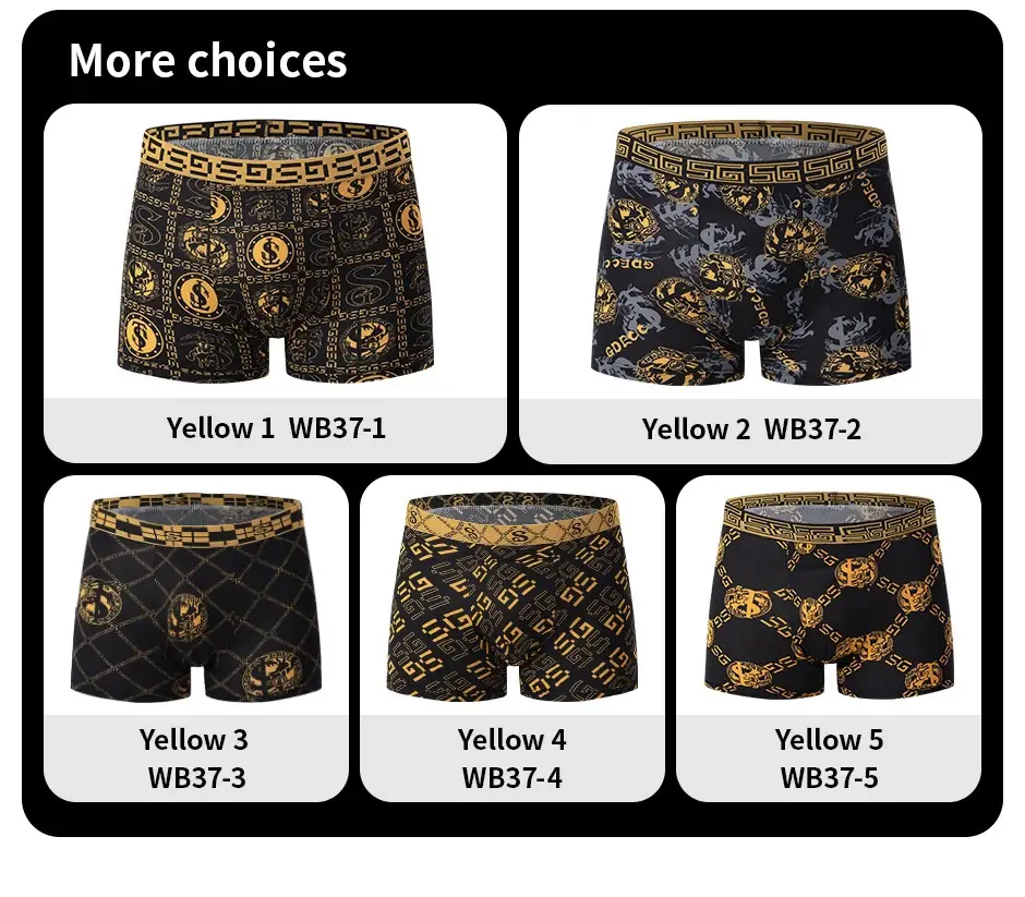 5-piece Set Of Black Gold Printed Men's Underwear Quick Drying Breathable Comfortable Elastic Casual Fashionable And Trendy