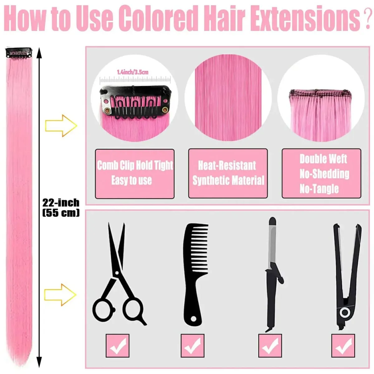 Clip in Hair Extensions Farvede Fest Highlights 22 tommer 6 stk/pakning Multi-farve Lige hår Syntetiske hårstykker Royal Blue — image 7