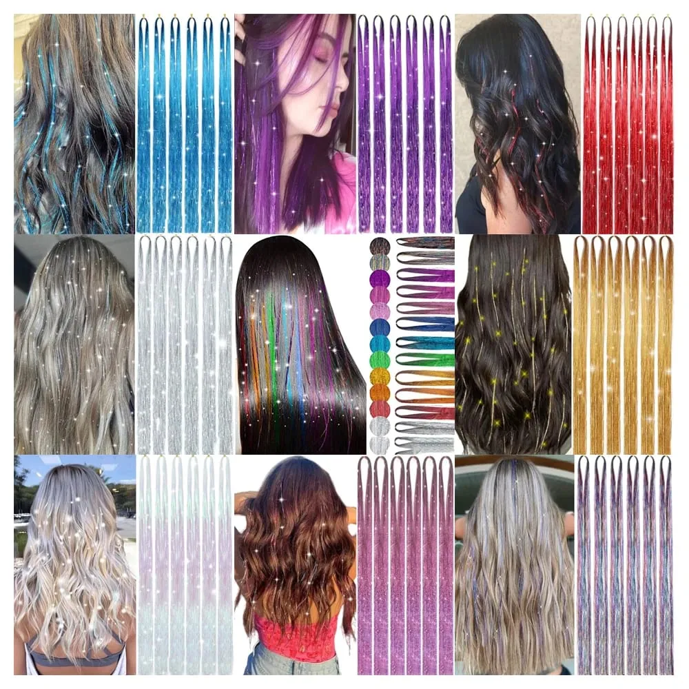 Rainbow Colored Sparkle Synthetic Hair Tinsel 36/48 Inch Girls Headwear Laser False Hair Extensions Glitter Decor Strands