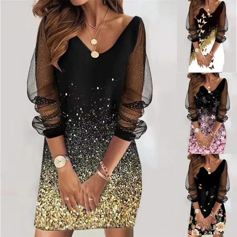 2024 New Spring-style Round Neck Sequins Perspective Gauze Lady Dress