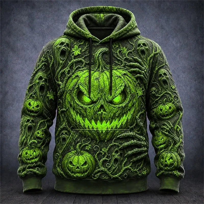 Men's Autumn Winter Halloween Hoodie Casual Pullover with Spooky Skull Print Loose Fit Festive Street-Style Top for Parties