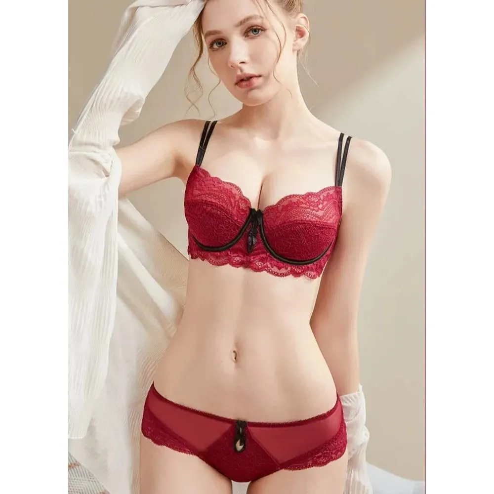 Women Sexy Red Lace Bra French Ultra Thin Minimizer Non Wired Breathable Brassiere Large Bust Reduce Underwear 32‑42