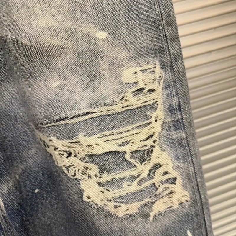Trend Fashion Street Style Fake Two Piece Double Waist 3D Printed Digital Printed Ripped Baggy Protocol Index Jeans