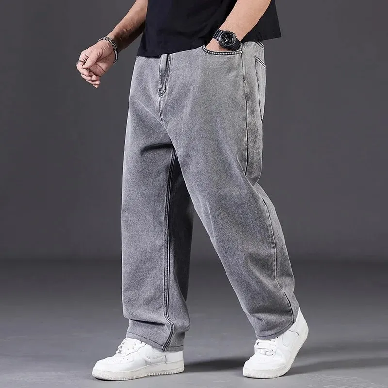 Plus Size Jeans Men High Elastic Waist Baggy Denim Pant Male Plus Large Loose Fit Cowboy Trouser Classic Black Blue Grey Clothes