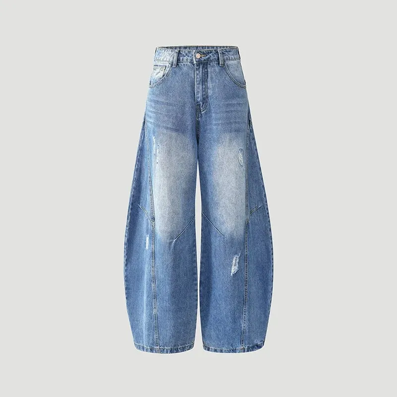 Retro-Style Curved-Leg Jeans Unisex Relaxed Fit Patchwork Soft Durable Women Men Versatile Washed Wide-Leg Pants