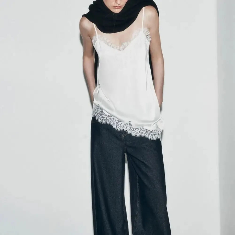 Chic Asymmetrical Lace Lace Patchwork Top Sexy Lace Backless Camisole Tops Sleeveless Elegant Backless Tops Evening Dress