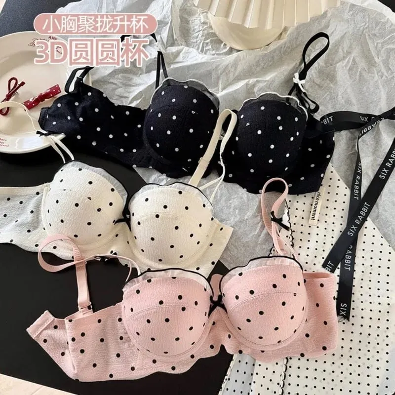 Ensemble Soutien-Gorge French Coquette à Pois Sans Armature Effet Push Up Pour Petite Poitrine Forme Pêche Confortable et Sexy