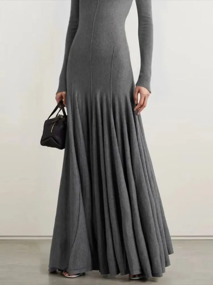 Freeacy Women's Grey Knit Maxi Dress Turtleneck Long Sleeve with Fitted Bodice and Flared Mermaid Skirt Elegant Party Dresses