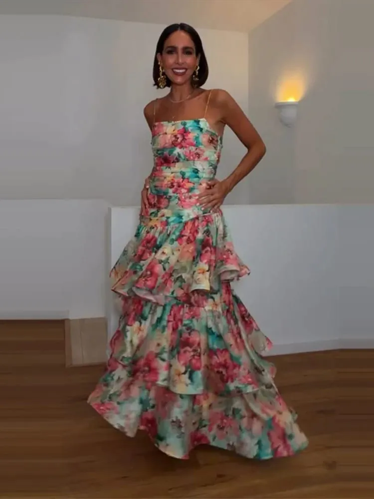 Casual Printed Ruffle Sling Dress Women Sleeveless Backless Slip Long A-line Female Dresses 2026 Summer Holidays Lady Robe